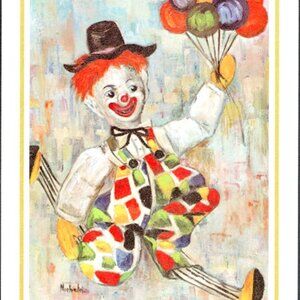 Vintage 1960s Clown with Balloons Lithograph Print 10x8 Ready to Frame